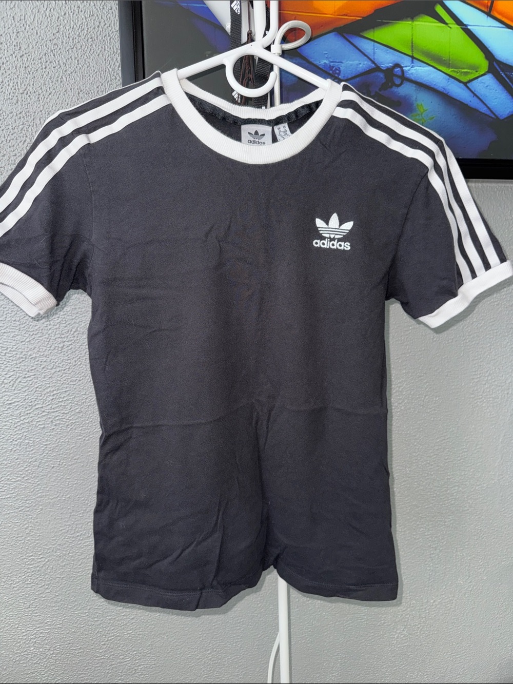 adidas Black Tee with White Stripes and Logo